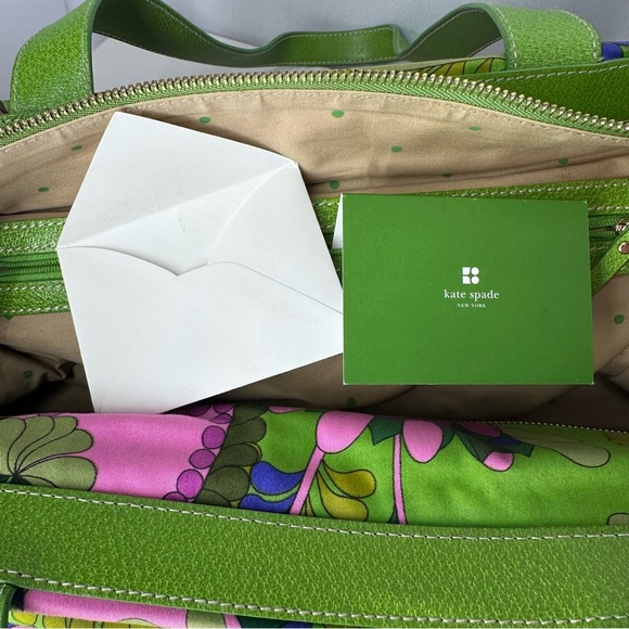 Rare Kate Spade Icon Green Floral Print Zip-Top Tote Bag Canvas Leather Handles - Picture 7 of 15
